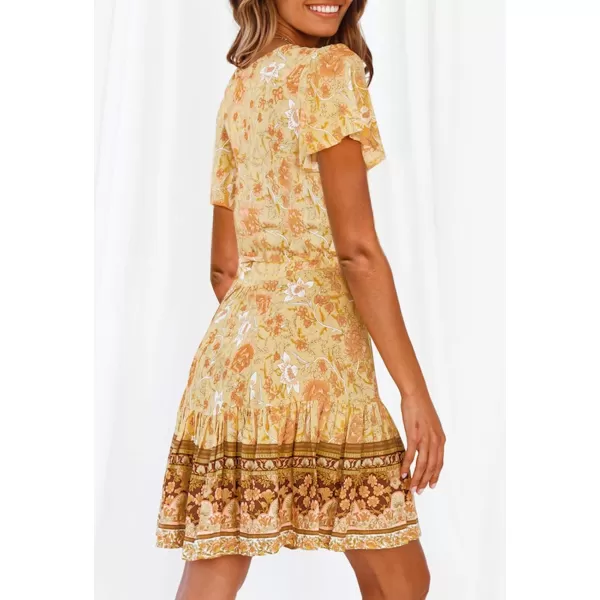 imageZESICA Womens 2023 Summer Wrap V Neck Bohemian Floral Print Ruffle Swing A Line Beach Mini DressYellow