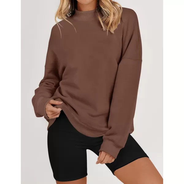imageZESICA Womens 2023 Sweatshirts Casual Long Sleeve Mock Neck Y2K Fleece Loose Pullover Sweatshirt Tops with PocketsBrown