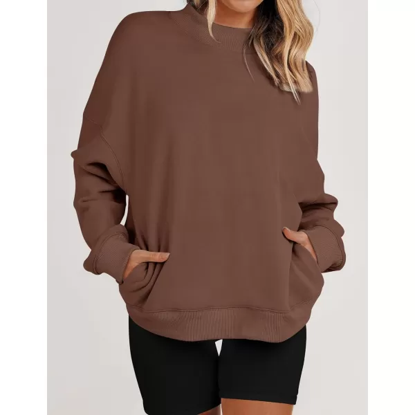 imageZESICA Womens 2023 Sweatshirts Casual Long Sleeve Mock Neck Y2K Fleece Loose Pullover Sweatshirt Tops with PocketsBrown