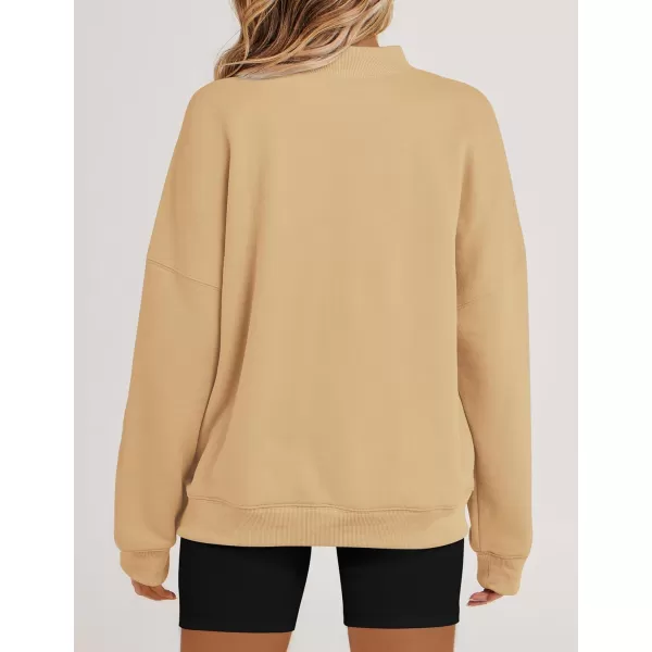 imageZESICA Womens 2023 Sweatshirts Casual Long Sleeve Mock Neck Y2K Fleece Loose Pullover Sweatshirt Tops with PocketsKhaki
