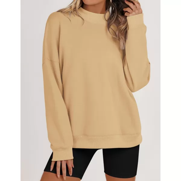 imageZESICA Womens 2023 Sweatshirts Casual Long Sleeve Mock Neck Y2K Fleece Loose Pullover Sweatshirt Tops with PocketsKhaki