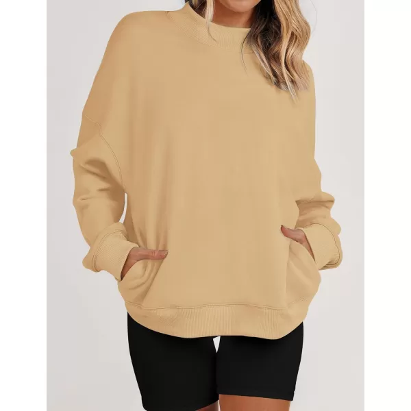 imageZESICA Womens 2023 Sweatshirts Casual Long Sleeve Mock Neck Y2K Fleece Loose Pullover Sweatshirt Tops with PocketsKhaki