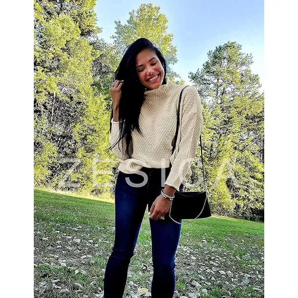 imageZESICA Womens 2023 Turtleneck Batwing Sleeve Loose Oversized Chunky Knitted Pullover Sweater Jumper TopsApricot