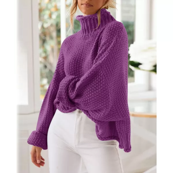 imageZESICA Womens 2023 Turtleneck Batwing Sleeve Loose Oversized Chunky Knitted Pullover Sweater Jumper TopsEggplant