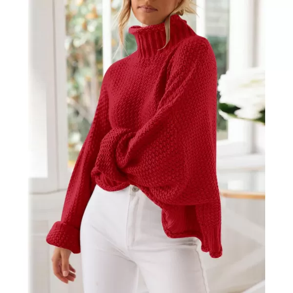 imageZESICA Womens 2023 Turtleneck Batwing Sleeve Loose Oversized Chunky Knitted Pullover Sweater Jumper TopsRed