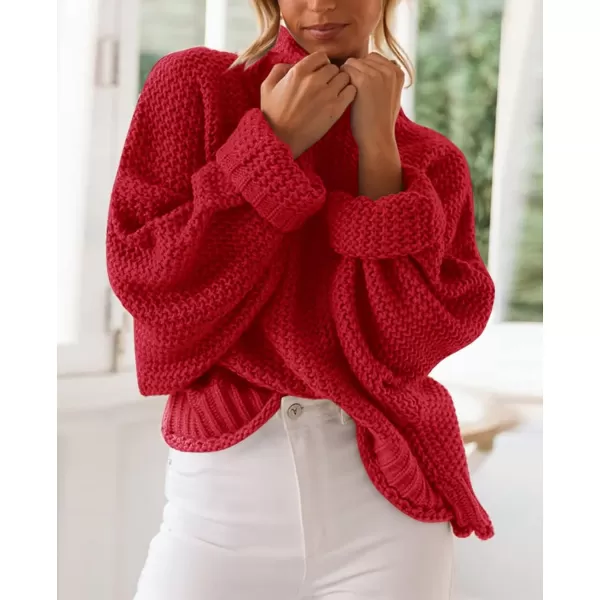 imageZESICA Womens 2023 Turtleneck Batwing Sleeve Loose Oversized Chunky Knitted Pullover Sweater Jumper TopsRed
