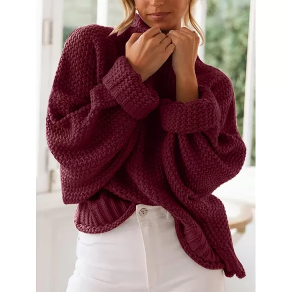 imageZESICA Womens 2023 Turtleneck Batwing Sleeve Loose Oversized Chunky Knitted Pullover Sweater Jumper TopsWine
