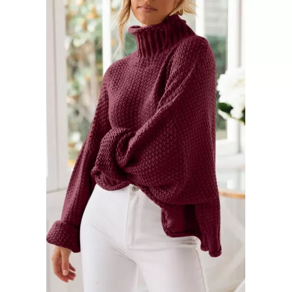 imageZESICA Womens 2023 Turtleneck Batwing Sleeve Loose Oversized Chunky Knitted Pullover Sweater Jumper TopsWine