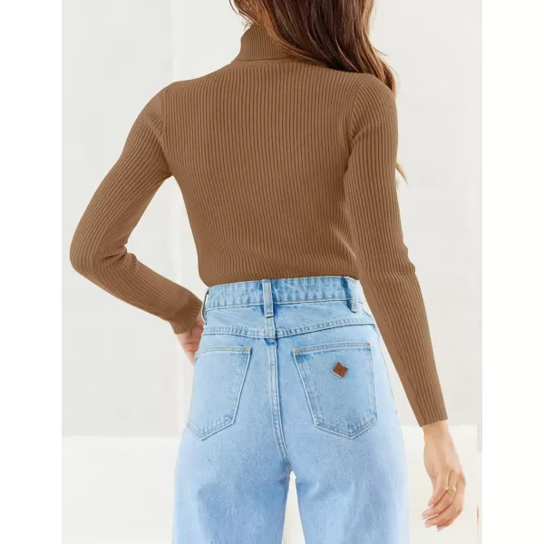 imageZESICA Womens 2023 Turtleneck Long Sleeve Knit Shirts Fall Basic Tops Slim Fitted Ribbed SweaterBrown