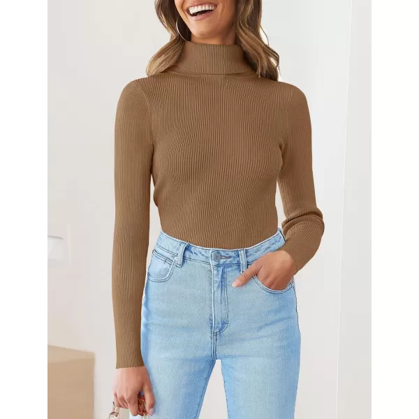 imageZESICA Womens 2023 Turtleneck Long Sleeve Knit Shirts Fall Basic Tops Slim Fitted Ribbed SweaterBrown