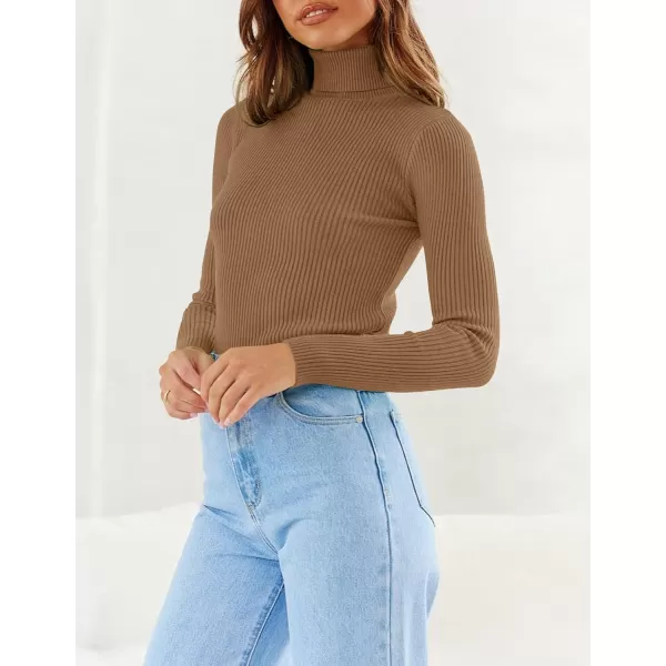 imageZESICA Womens 2023 Turtleneck Long Sleeve Knit Shirts Fall Basic Tops Slim Fitted Ribbed SweaterBrown