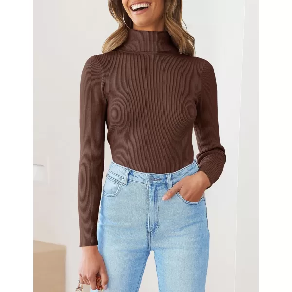 imageZESICA Womens 2023 Turtleneck Long Sleeve Knit Shirts Fall Basic Tops Slim Fitted Ribbed SweaterCoffee