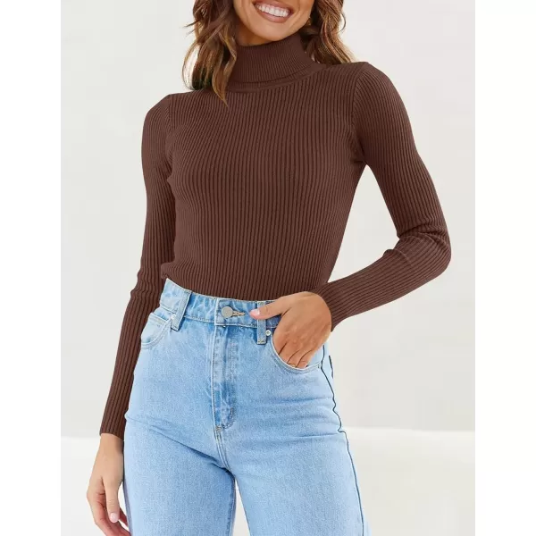 imageZESICA Womens 2023 Turtleneck Long Sleeve Knit Shirts Fall Basic Tops Slim Fitted Ribbed SweaterCoffee