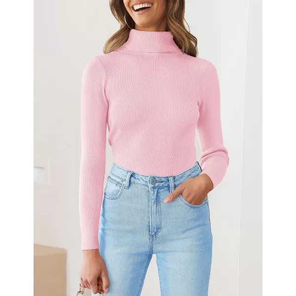 imageZESICA Womens 2023 Turtleneck Long Sleeve Knit Shirts Fall Basic Tops Slim Fitted Ribbed SweaterPink