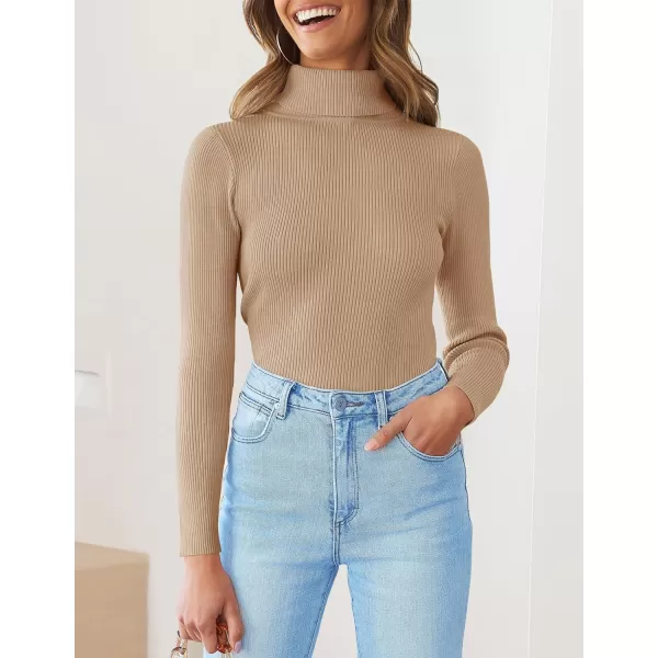 imageZESICA Womens 2023 Turtleneck Long Sleeve Knit Shirts Fall Basic Tops Slim Fitted Ribbed SweaterToffee