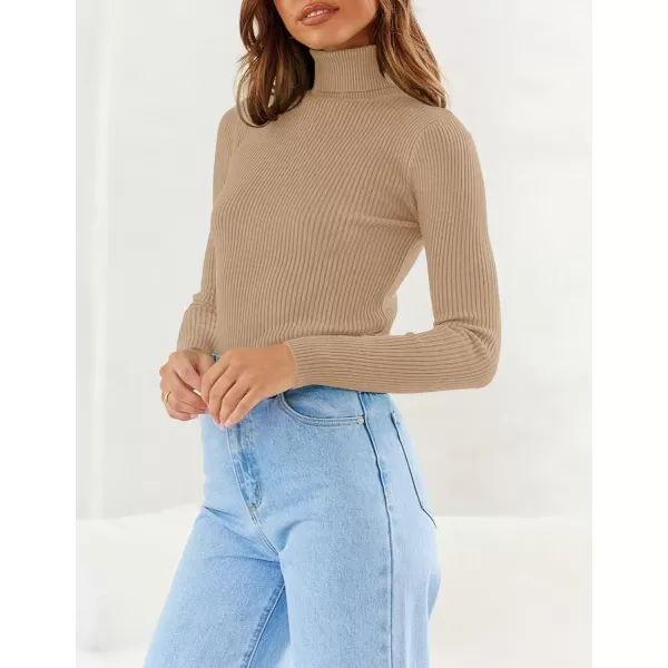 imageZESICA Womens 2023 Turtleneck Long Sleeve Knit Shirts Fall Basic Tops Slim Fitted Ribbed SweaterToffee