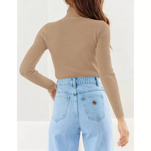 imageZESICA Womens 2023 Turtleneck Long Sleeve Knit Shirts Fall Basic Tops Slim Fitted Ribbed SweaterToffee