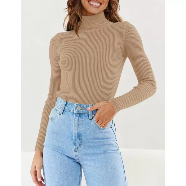 imageZESICA Womens 2023 Turtleneck Long Sleeve Knit Shirts Fall Basic Tops Slim Fitted Ribbed SweaterToffee