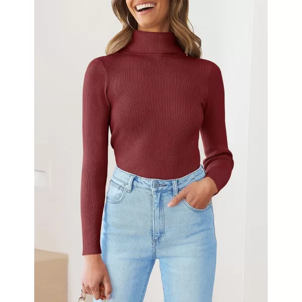 imageZESICA Womens 2023 Turtleneck Long Sleeve Knit Shirts Fall Basic Tops Slim Fitted Ribbed SweaterWine