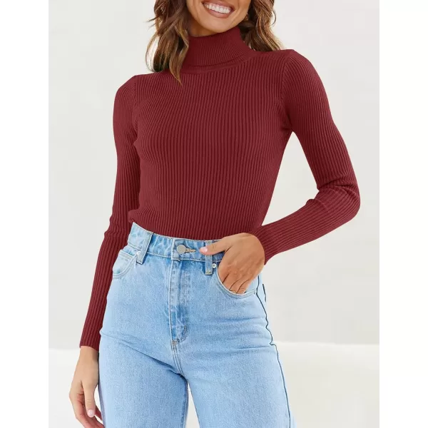 imageZESICA Womens 2023 Turtleneck Long Sleeve Knit Shirts Fall Basic Tops Slim Fitted Ribbed SweaterWine