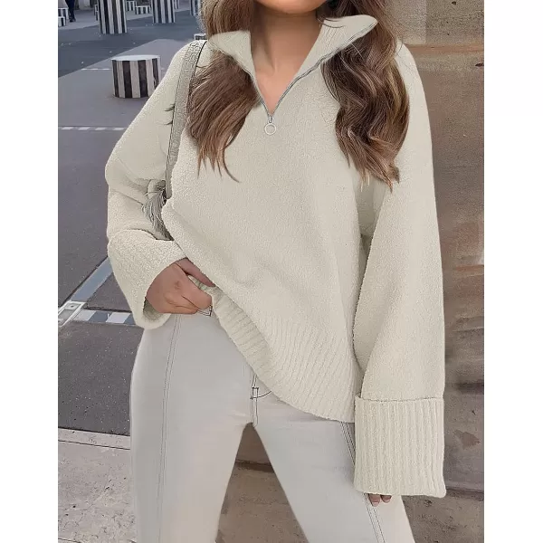 imageZESICA Womens 2023 Winter Long Sleeve 14 Zipper V Neck Loose Fuzzy Knitted Chunky Warm Pullover Sweater Jumper TopsApricot