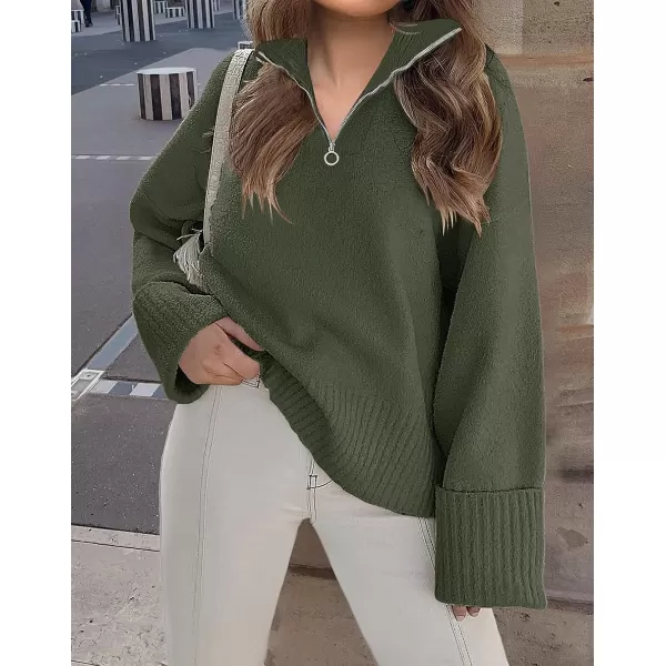 imageZESICA Womens 2023 Winter Long Sleeve 14 Zipper V Neck Loose Fuzzy Knitted Chunky Warm Pullover Sweater Jumper TopsArmygreen