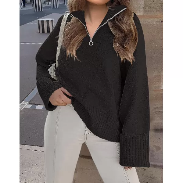 imageZESICA Womens 2023 Winter Long Sleeve 14 Zipper V Neck Loose Fuzzy Knitted Chunky Warm Pullover Sweater Jumper TopsBlack