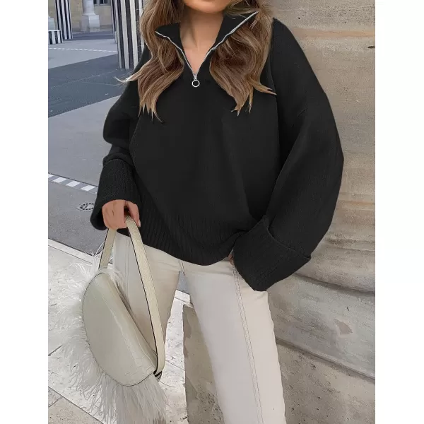 imageZESICA Womens 2023 Winter Long Sleeve 14 Zipper V Neck Loose Fuzzy Knitted Chunky Warm Pullover Sweater Jumper TopsBlack
