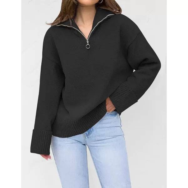 imageZESICA Womens 2023 Winter Long Sleeve 14 Zipper V Neck Loose Fuzzy Knitted Chunky Warm Pullover Sweater Jumper TopsBlack