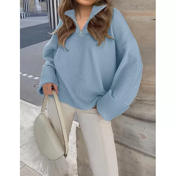 imageZESICA Womens 2023 Winter Long Sleeve 14 Zipper V Neck Loose Fuzzy Knitted Chunky Warm Pullover Sweater Jumper TopsBlue