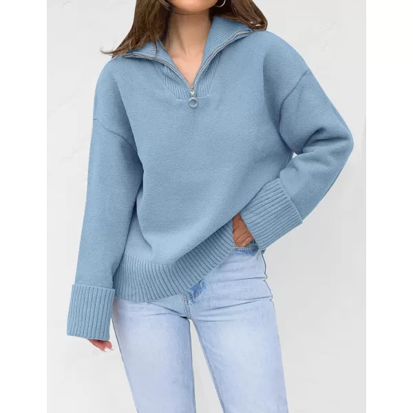 imageZESICA Womens 2023 Winter Long Sleeve 14 Zipper V Neck Loose Fuzzy Knitted Chunky Warm Pullover Sweater Jumper TopsBlue