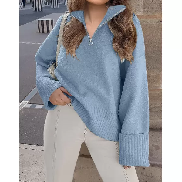 imageZESICA Womens 2023 Winter Long Sleeve 14 Zipper V Neck Loose Fuzzy Knitted Chunky Warm Pullover Sweater Jumper TopsBlue