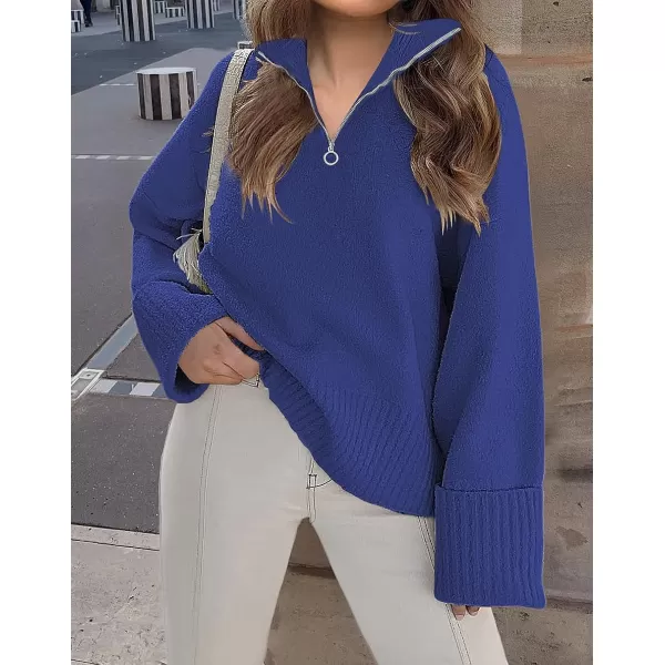 imageZESICA Womens 2023 Winter Long Sleeve 14 Zipper V Neck Loose Fuzzy Knitted Chunky Warm Pullover Sweater Jumper TopsCobaltblue