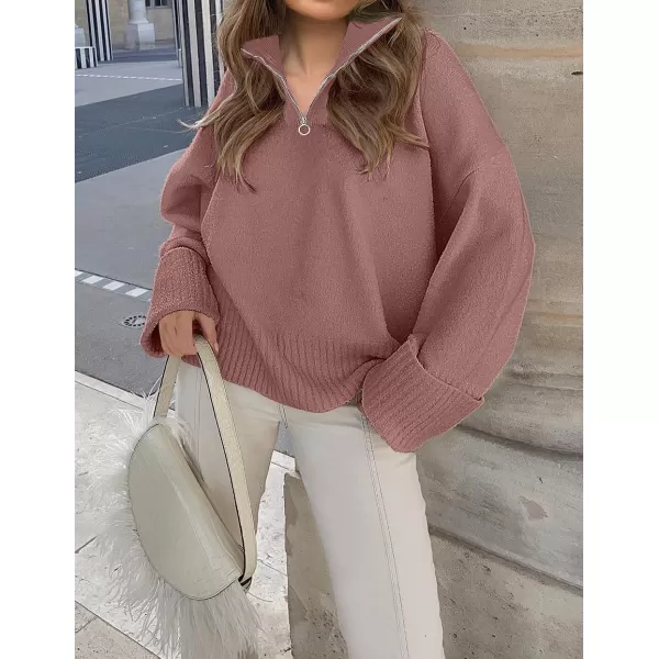 imageZESICA Womens 2023 Winter Long Sleeve 14 Zipper V Neck Loose Fuzzy Knitted Chunky Warm Pullover Sweater Jumper TopsFuchsia