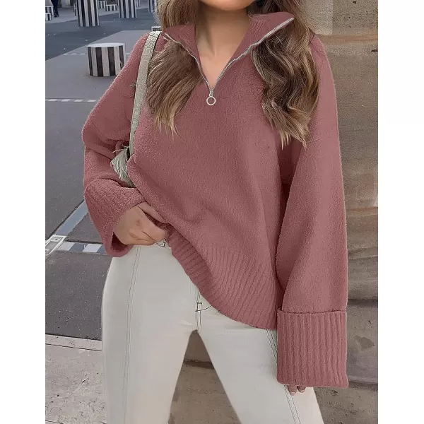 imageZESICA Womens 2023 Winter Long Sleeve 14 Zipper V Neck Loose Fuzzy Knitted Chunky Warm Pullover Sweater Jumper TopsFuchsia