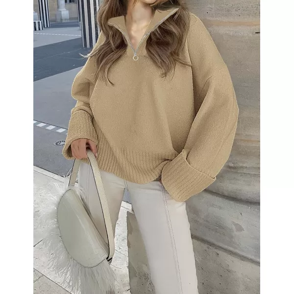 imageZESICA Womens 2023 Winter Long Sleeve 14 Zipper V Neck Loose Fuzzy Knitted Chunky Warm Pullover Sweater Jumper TopsKhaki