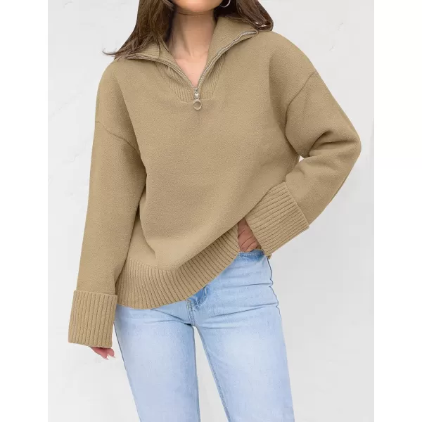 imageZESICA Womens 2023 Winter Long Sleeve 14 Zipper V Neck Loose Fuzzy Knitted Chunky Warm Pullover Sweater Jumper TopsKhaki