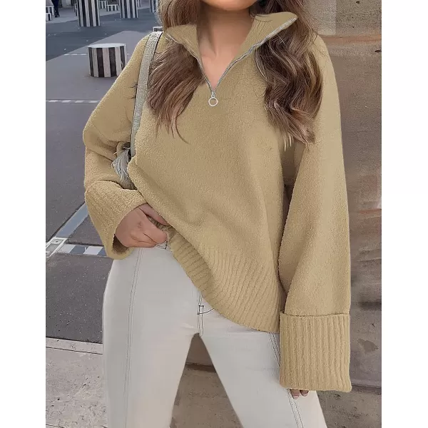 imageZESICA Womens 2023 Winter Long Sleeve 14 Zipper V Neck Loose Fuzzy Knitted Chunky Warm Pullover Sweater Jumper TopsKhaki