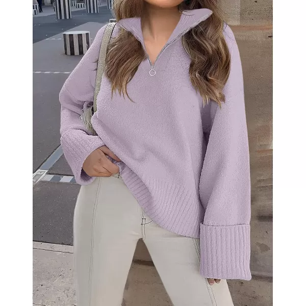 imageZESICA Womens 2023 Winter Long Sleeve 14 Zipper V Neck Loose Fuzzy Knitted Chunky Warm Pullover Sweater Jumper TopsLavender