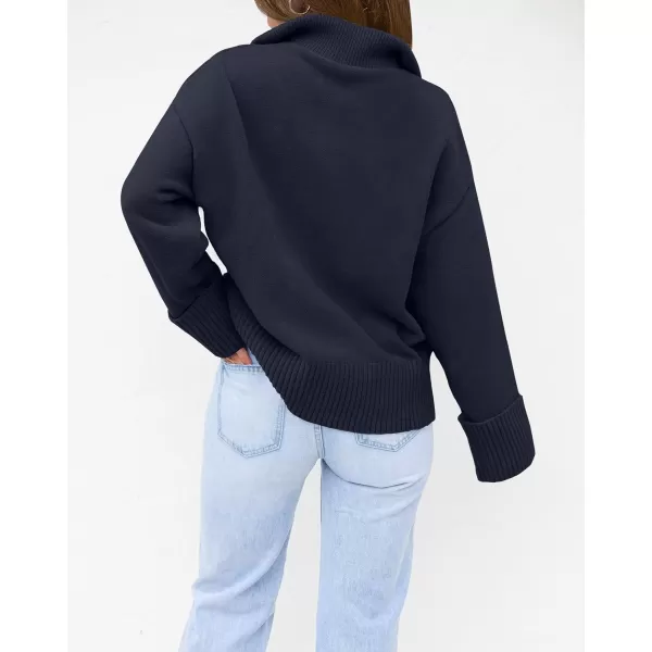 imageZESICA Womens 2023 Winter Long Sleeve 14 Zipper V Neck Loose Fuzzy Knitted Chunky Warm Pullover Sweater Jumper TopsNavy