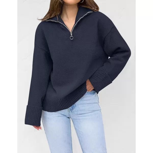 imageZESICA Womens 2023 Winter Long Sleeve 14 Zipper V Neck Loose Fuzzy Knitted Chunky Warm Pullover Sweater Jumper TopsNavy