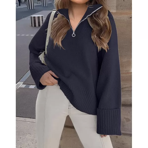 imageZESICA Womens 2023 Winter Long Sleeve 14 Zipper V Neck Loose Fuzzy Knitted Chunky Warm Pullover Sweater Jumper TopsNavy