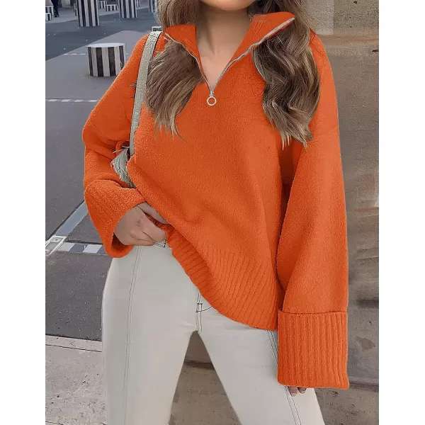 imageZESICA Womens 2023 Winter Long Sleeve 14 Zipper V Neck Loose Fuzzy Knitted Chunky Warm Pullover Sweater Jumper TopsOrange
