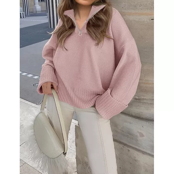 imageZESICA Womens 2023 Winter Long Sleeve 14 Zipper V Neck Loose Fuzzy Knitted Chunky Warm Pullover Sweater Jumper TopsPink