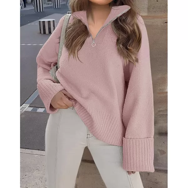 imageZESICA Womens 2023 Winter Long Sleeve 14 Zipper V Neck Loose Fuzzy Knitted Chunky Warm Pullover Sweater Jumper TopsPink