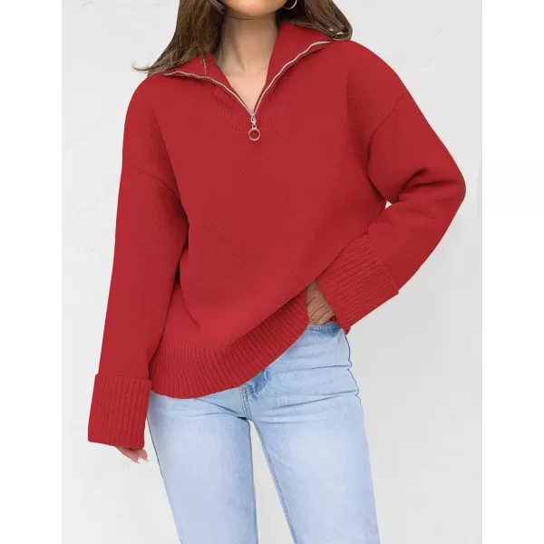 imageZESICA Womens 2023 Winter Long Sleeve 14 Zipper V Neck Loose Fuzzy Knitted Chunky Warm Pullover Sweater Jumper TopsRed