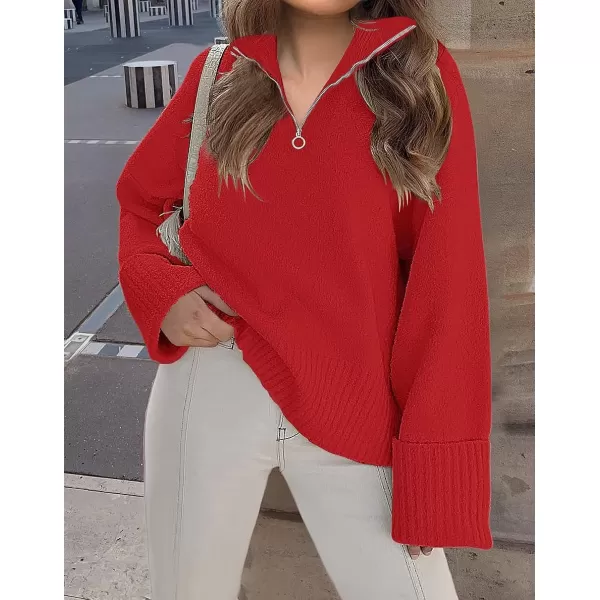 imageZESICA Womens 2023 Winter Long Sleeve 14 Zipper V Neck Loose Fuzzy Knitted Chunky Warm Pullover Sweater Jumper TopsRed