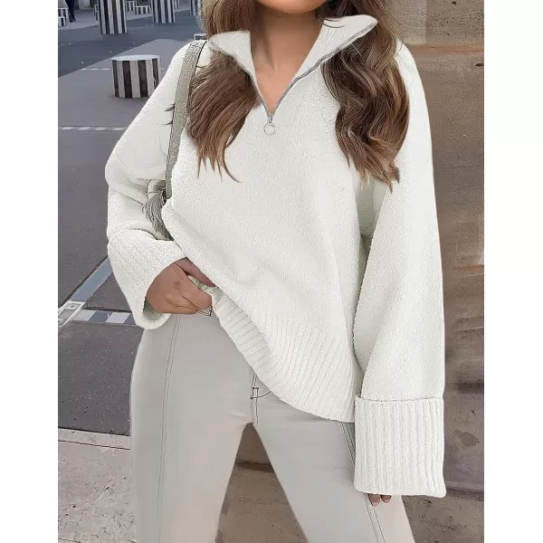 imageZESICA Womens 2023 Winter Long Sleeve 14 Zipper V Neck Loose Fuzzy Knitted Chunky Warm Pullover Sweater Jumper TopsWhite