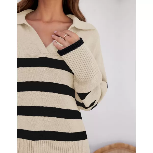 imageZESICA Womens 2023 Winter Striped Sweaters Lapel V Neck Long Sleeve Chunky Knit Oversized Pullover Sweater Jumper TopsApricot