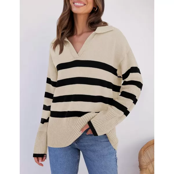 imageZESICA Womens 2023 Winter Striped Sweaters Lapel V Neck Long Sleeve Chunky Knit Oversized Pullover Sweater Jumper TopsApricot
